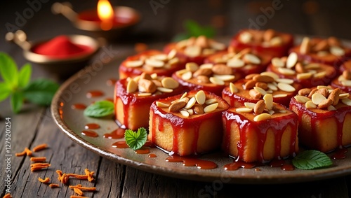 Rooh Afza-infused bread pudding with almonds, syrup, saffron, and cardamom, set against a rustic backdrop with mint and a diya lamp. photo