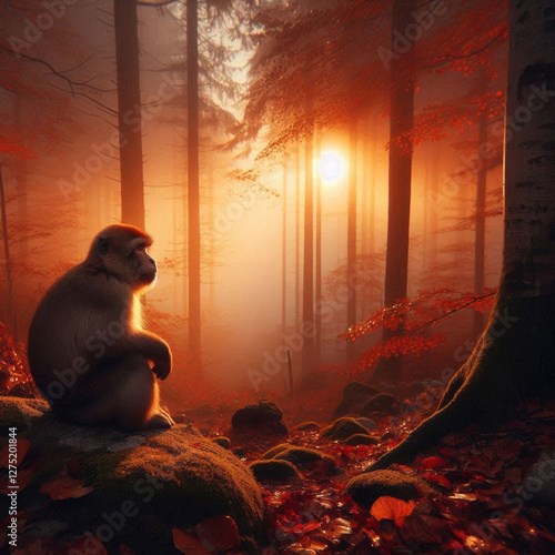 A monkey sitting and watching the sunset in an autumn forest, surrounded by a foggy atmosphere