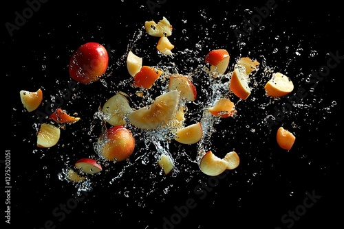 Apple Slices Splashing Black Background photo