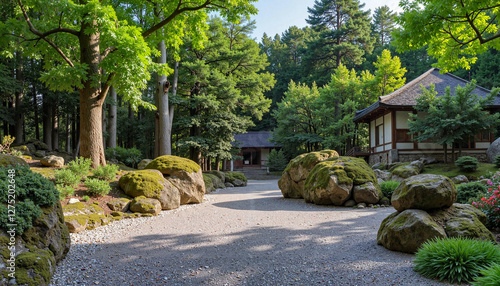 Serene Ryōan-ji rock garden with lush greenery and traditional architecture