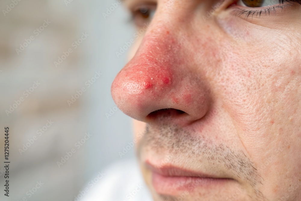 Fototapeta premium A highly detailed image of a nose that appears red and inflamed, likely due to frequent wiping from a cold or allergies.