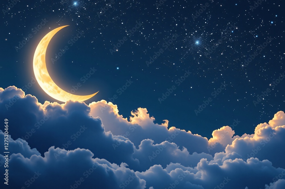 Crescent Moon Night Sky Ramadan. Serene, dreamy night background for banners, spiritual themes, and calming visuals. Crescent Moon Night Sky Ramadan. Serene, dreamy night background for banners, spiritual themes, and calming visuals.