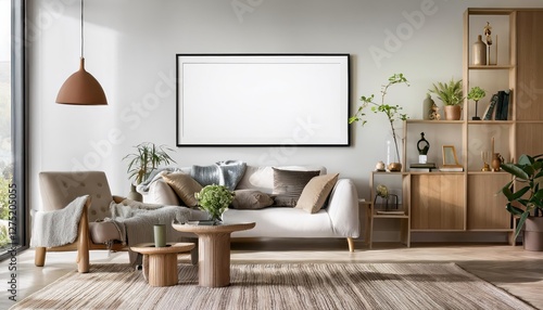 Modern Mockup Frame in a Chic Living Room Interior A 3D Rendered Masterpiece Embracing Minimalism and Sophistication with Subtle Textures and Bold Hues