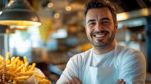 Happy chef, french fries, restaurant, kitchen, portrait, food, smiling, business, owner, service photo