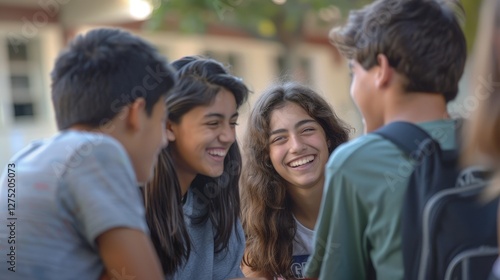 A group of high school teenagers hanging out in the school courtyard, laughing and enjoying their break time