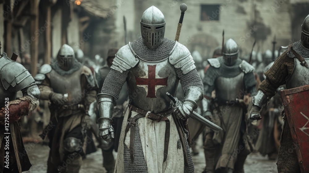 A group of knights in full armor marching through a medieval town A group of knights in full armor marching through a medieval town