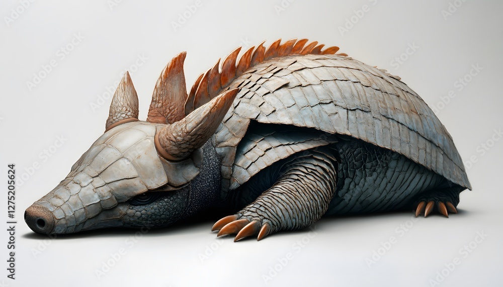 Obraz premium Armadillo and dinosaur hybrid laying down on a white surface