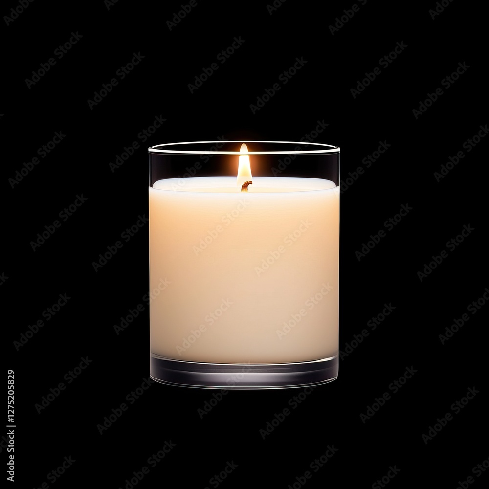 A single, lit, cylindrical candle in a clear glass container on a black background. A single, lit, cylindrical candle in a clear glass container on a black background.