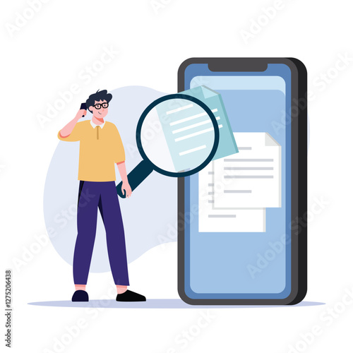 Man using a magnifying glass to inspect documents on smartphone for thorough analysis Perfect for business or educational presentations.