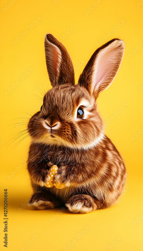 Fototapeta premium Cute brown bunny holding treat, yellow background. Easter card