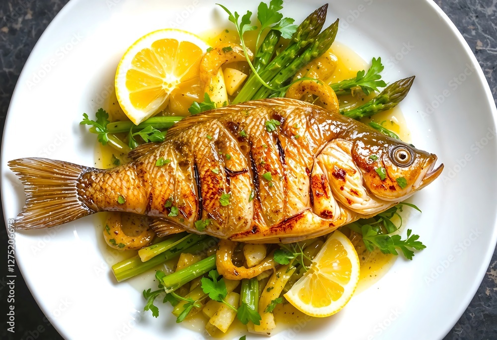 Golden-brown grilled fish served on a bed of asparagus with lemon slices. Golden-brown grilled fish served on a bed of asparagus with lemon slices.