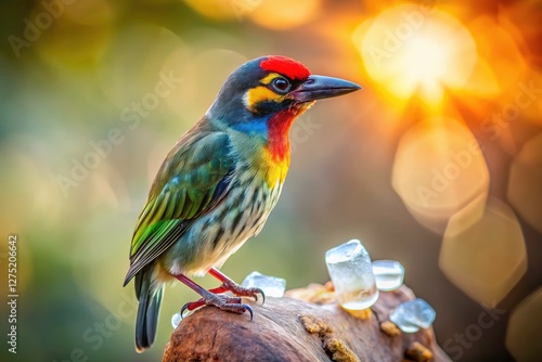 Low-lit summer mockup:  An ice cube and a copper-smith barbet rest on a branch, creating a striking contrast. photo