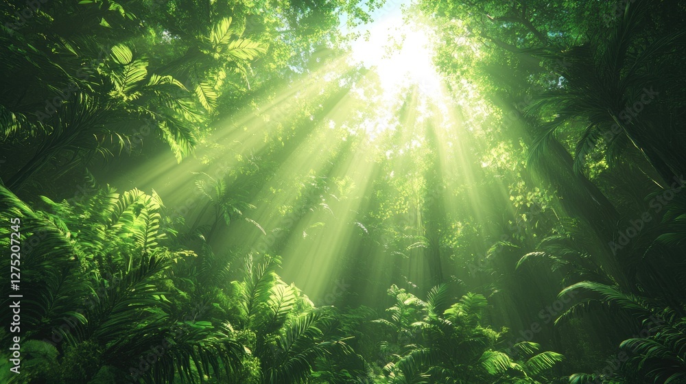 Obraz premium Sunlight streams through lush jungle canopy. Possible use Nature photography