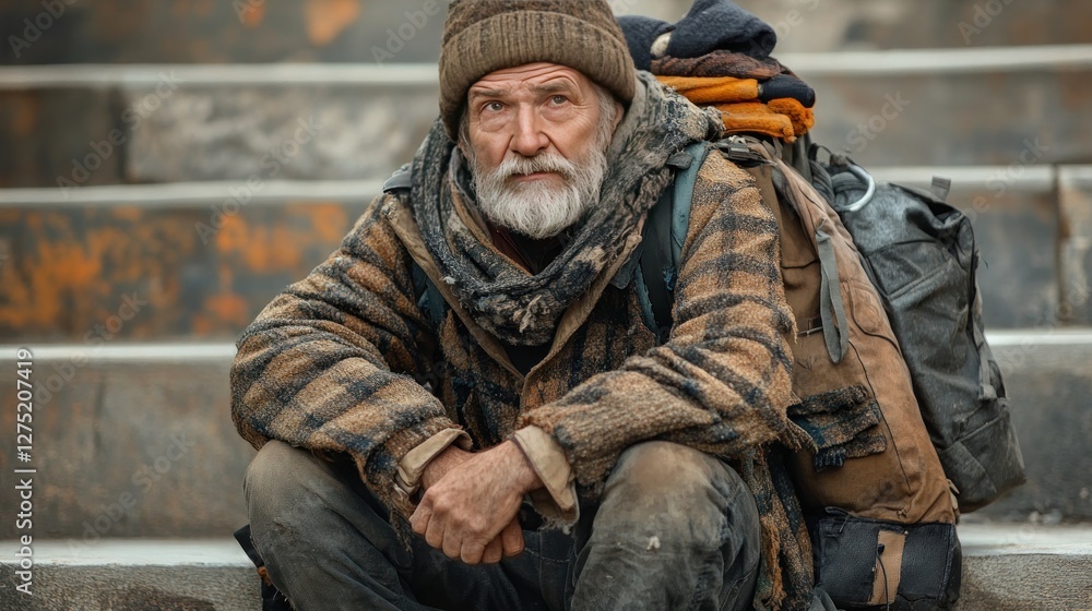 Obraz premium A poignant portrait of a homeless elderly man, sitting on weathered steps, his worn clothes and heavy backpack hinting at a life of hardship and resilience.