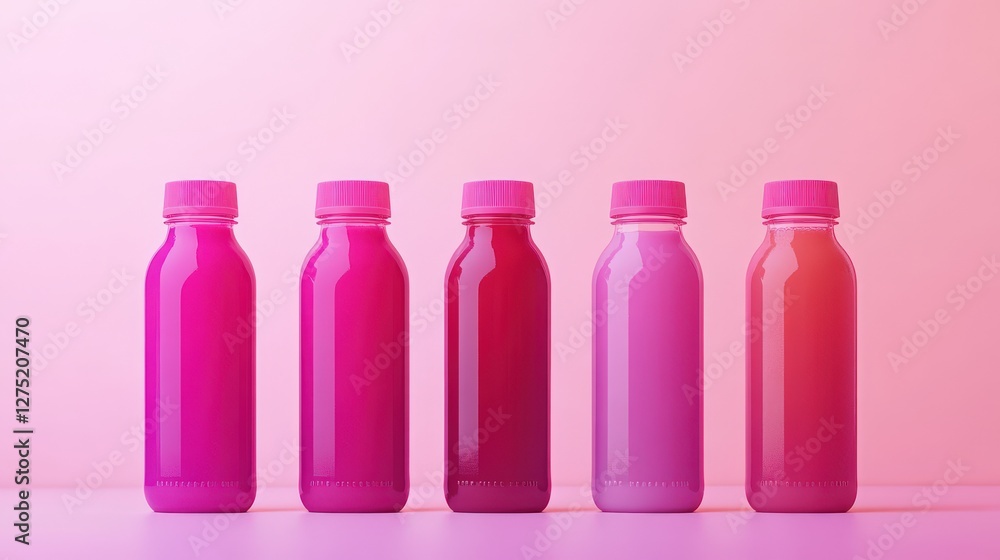 Five colorful beverage bottles arranged on a pink background, showcasing various shades of pink and red Five colorful beverage bottles arranged on a pink background, showcasing various shades of pink and red