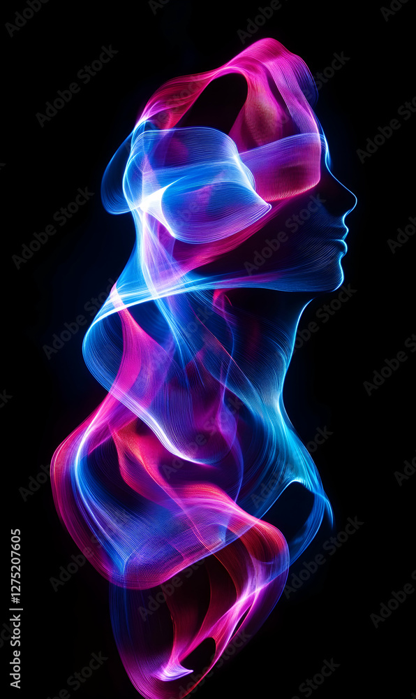 Abstract portrait of a woman illuminated with neon lights displaying digital artistry Abstract portrait of a woman illuminated with neon lights displaying digital artistry