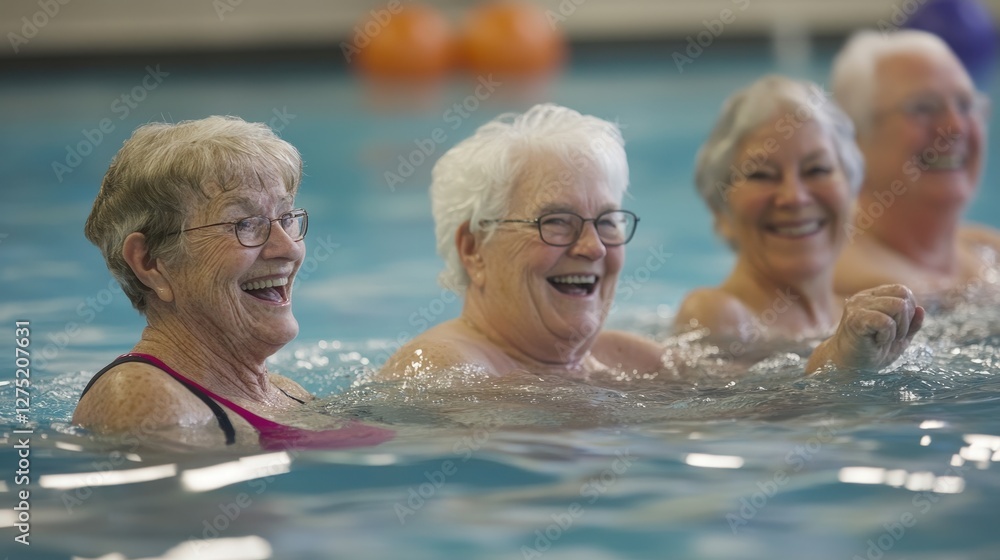 Fototapeta premium A group of seniors participating in a water aerobics class in a pool, with joyful expressions
