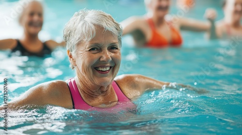 A group of seniors participating in a water aerobics class in a pool, with joyful expressions
