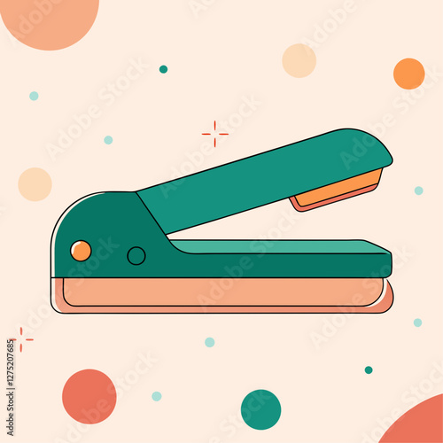 Illustration of a green stapler on a beige background for office documents