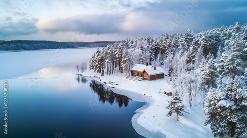 Serene Snowy Landscape with Cozy Cabin and Reflective Frozen Lake in Sweden s Scenic Wilderness