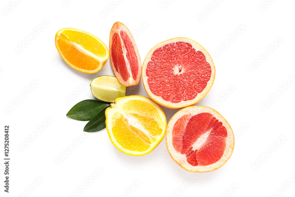 Different tasty citrus fruits isolated on white background Different tasty citrus fruits isolated on white background