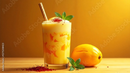 Foto A vibrant mango-saffron milkshake with swirling yellow and orange hues, topped with saffron threads and creamy foam, set against a golden-brown wooden background, exuding energy and freshness