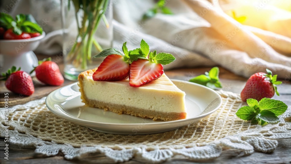A delectable slice of creamy cheesecake, adorned with fresh strawberries and a sprig of mint, rests on an elegant plate, set against a rustic wooden background A delectable slice of creamy cheesecake, adorned with fresh strawberries and a sprig of mint, rests on an elegant plate, set against a rustic wooden background