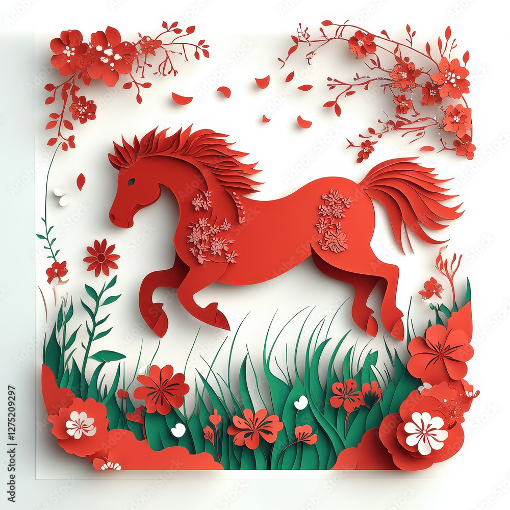 Obraz premium Paper-cut art of the red horse