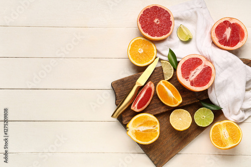 Fototapeta Naklejka Na Ścianę i Meble -  Wooden cutting boards with tasty citrus fruits on white wooden background