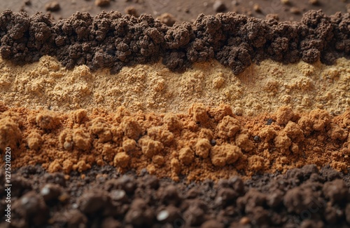 Soil layers with different fertilizer types showcase textures, colors, composition. Photo highlighting importance of soil health in agriculture and gardening, earth cultivation, farming. photo