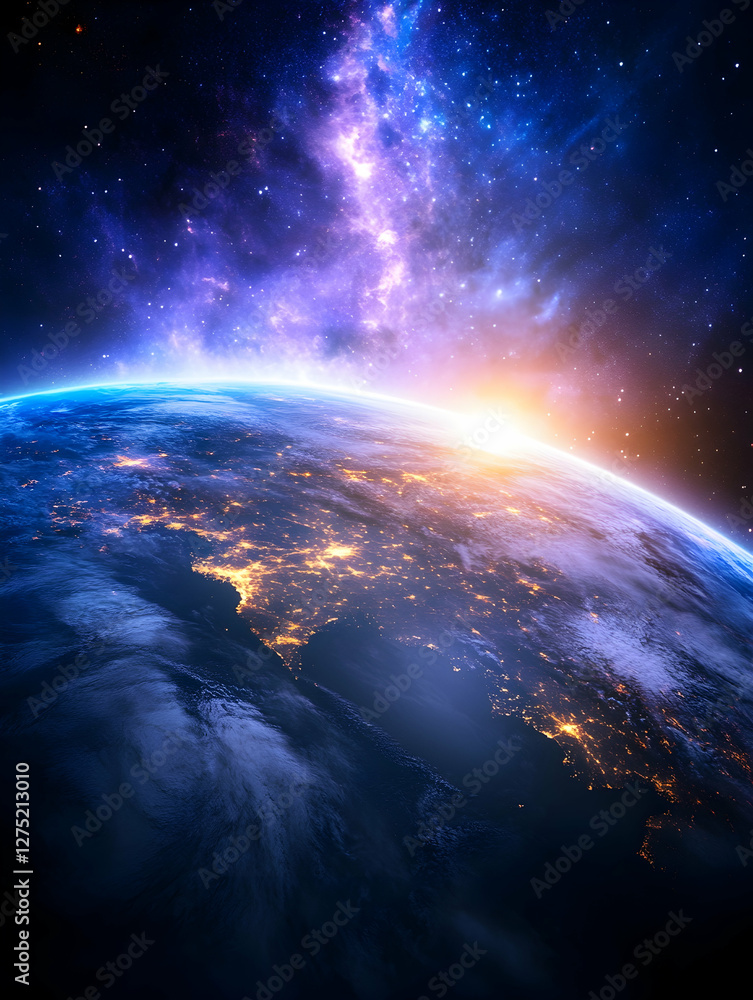Fototapeta premium Earthrise over North America at night, space background, cosmic view, for science education