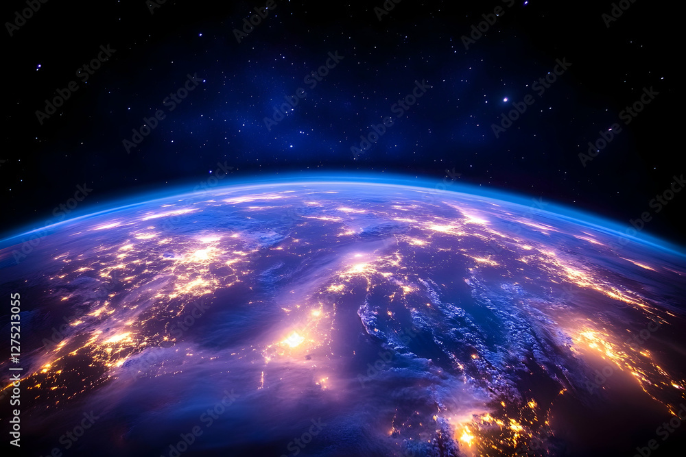 Earth at night, city lights, space view, global illumination, travel poster Earth at night, city lights, space view, global illumination, travel poster