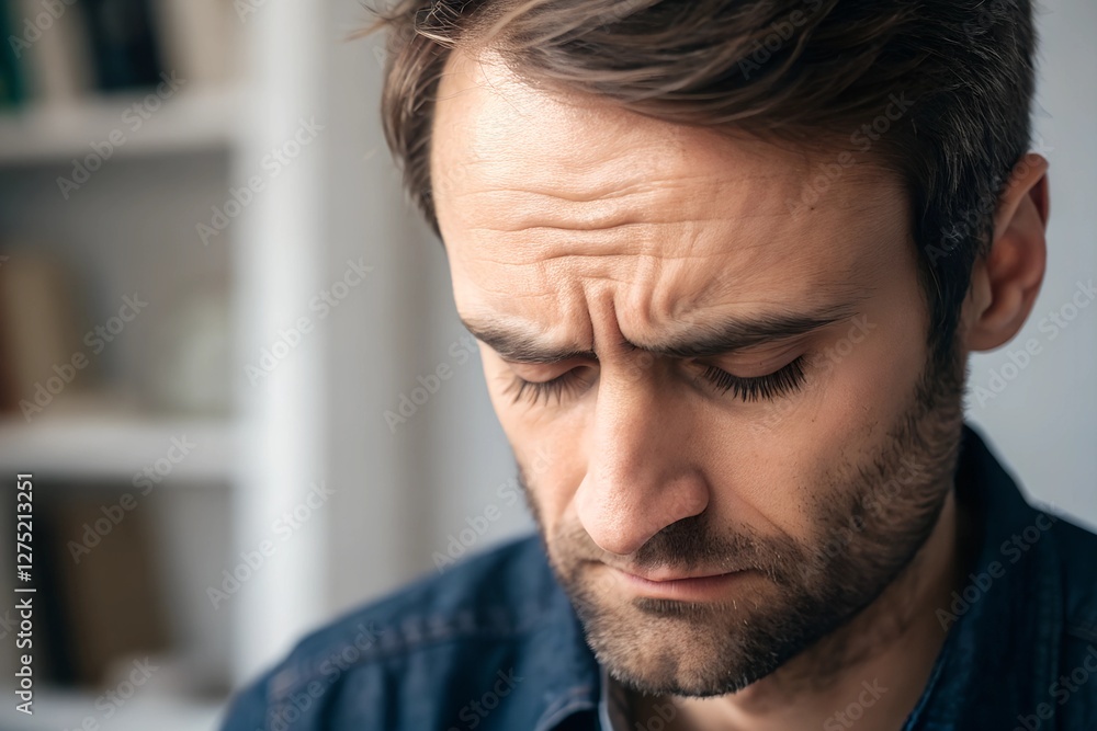 Fototapeta premium A highly detailed close-up of a person's furrowed brow, emphasizing deep forehead wrinkles and skin texture.