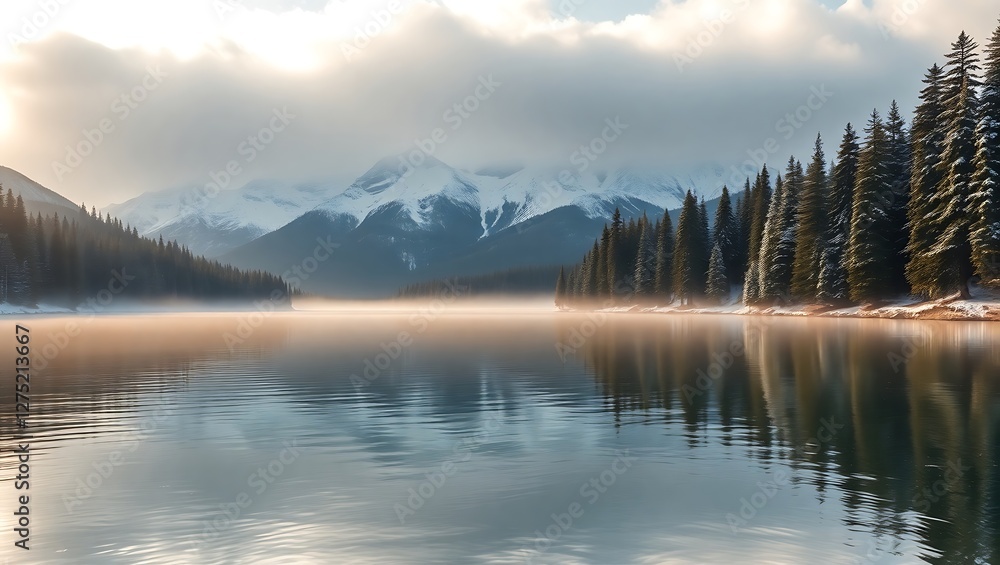 Serene Lake Amidst Snow-Capped Peaks and Lush Fir Forests Serene Lake Amidst Snow-Capped Peaks and Lush Fir Forests