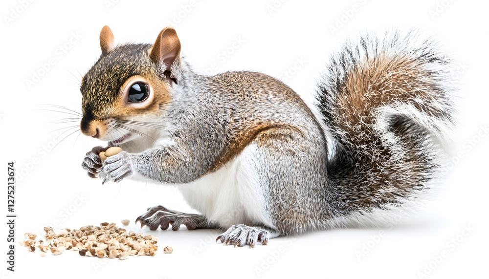 Fototapeta premium Gray squirrel happily enjoys its meal on a white background
