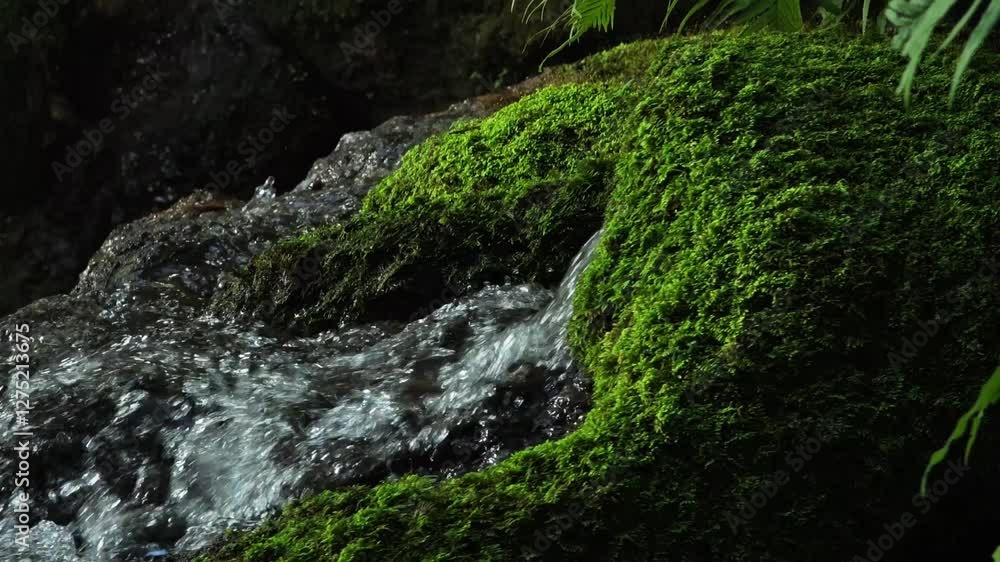 Small and narrow stream winding through the green moss. Small and narrow stream winding through the green moss.