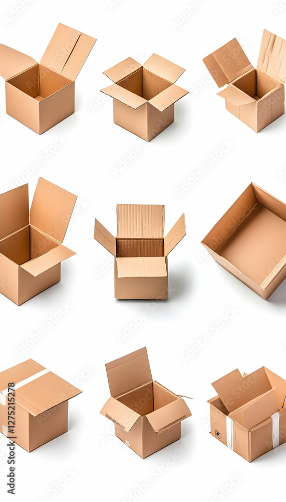 Empty cardboard boxes, various angles, white background; packaging illustration Empty cardboard boxes, various angles, white background; packaging illustration