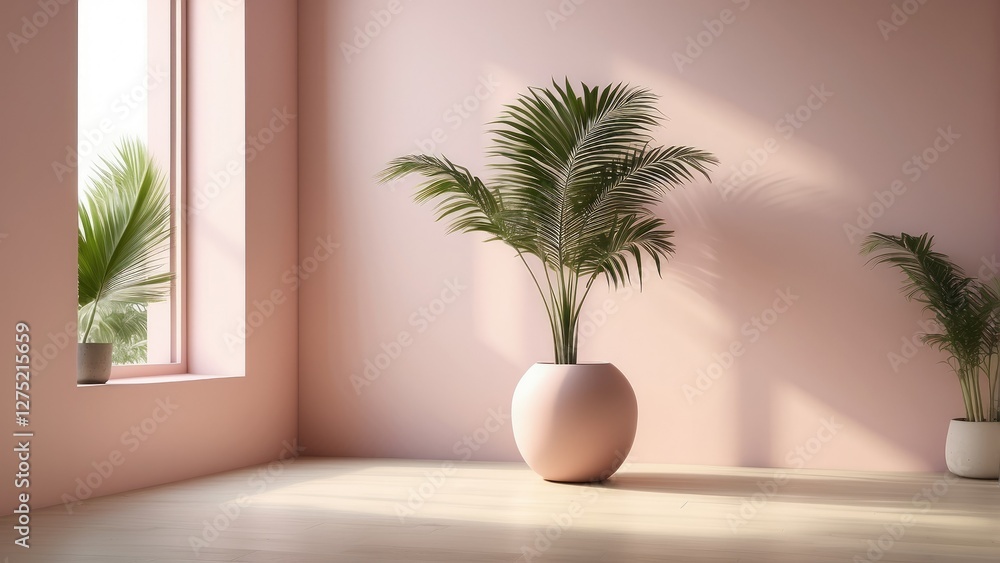 3d rendering of a plant in a vase on a table in front of, soft neon atmosphere