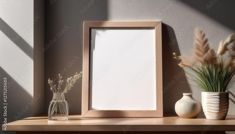 Blank Frame Elevated on Table Minimalistic Artwork Evoking Empty Canvass Potential, Staged Against a SoftFocus Background with a Touch of Warmth and Neutral Tones.
