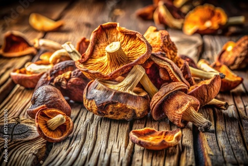 Wallpaper Mural Sun-drenched macro shot:  dried porcini mushrooms' textures highlighted on aged wood. Torontodigital.ca
