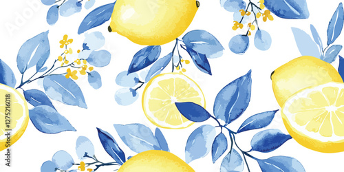 Seamless Pattern of Lemons with Santorini Blue and White, Greece designs. Blue, white patterns and floral motifs for textiles, wallpapers, home decor. Mediterranean style