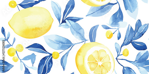 Seamless Pattern of Lemons with Santorini Blue and White, Greece designs. Blue, white patterns and floral motifs for textiles, wallpapers, home decor. Mediterranean style
