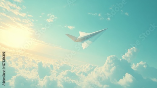 White Paper Airplane Soaring Above Pastel Clouds During Sunrise