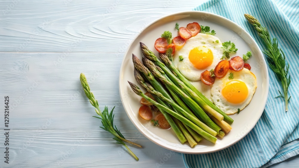 A Delicious and Nutritious Breakfast Plate Featuring Sunny-Side-Up Eggs, Roasted Asparagus, and Sauteed Bacon A Delicious and Nutritious Breakfast Plate Featuring Sunny-Side-Up Eggs, Roasted Asparagus, and Sauteed Bacon