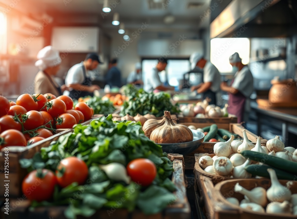 Obraz premium Professional Kitchen with Chefs Preparing Food Restaurant Scene Fresh Ingredients