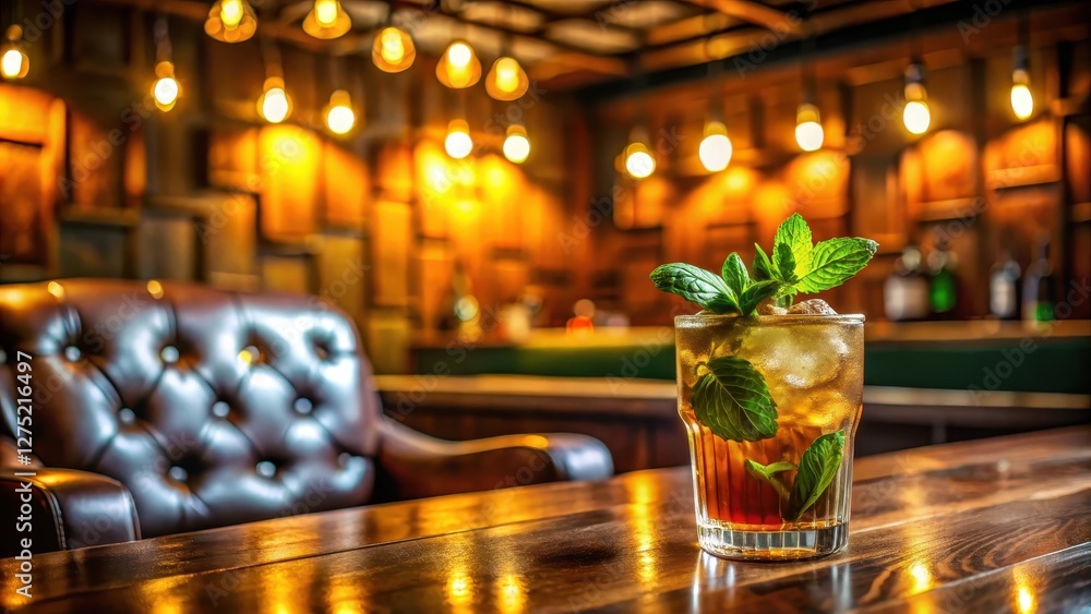 Refreshing Mint Julep Cocktail on Wooden Table in Dimly Lit Lounge Refreshing Mint Julep Cocktail on Wooden Table in Dimly Lit Lounge