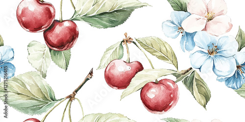 Cherry berries with leaves, flowers watercolor floral seamless pattern on white background for table textile, summer fabrics, scrapbooking, decoupage