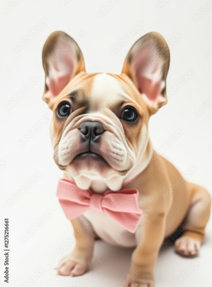 Adorable French Bulldog with Pink Polka Dot Bow Tie on a White Background Portrait Adorable French Bulldog with Pink Polka Dot Bow Tie on a White Background Portrait