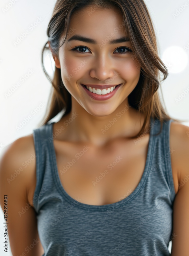 Smiling Asian Woman in Sports Bra, Radiating Health and Fitness Lifestyle Smiling Asian Woman in Sports Bra, Radiating Health and Fitness Lifestyle