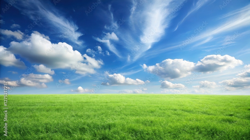 Serene Meadow Landscape Under a Vast Expanse of Blue Sky with Puffy Clouds Serene Meadow Landscape Under a Vast Expanse of Blue Sky with Puffy Clouds